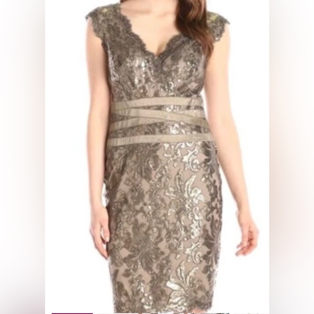 TADASHI SHOJI Elegant Sequin Embellished Dress.Size 10 Color Smoke Paulette Gold